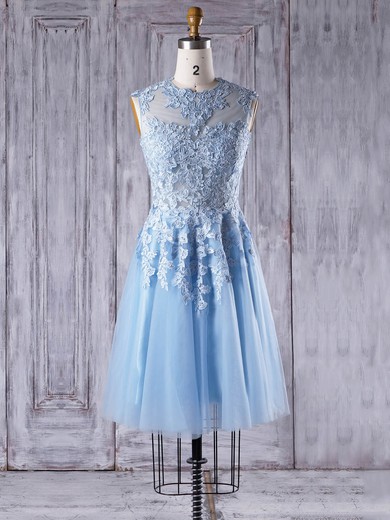 A-line Scoop Neck Short/Mini Tulle with Appliques Lace Bridesmaid Dresses #PDS01013342