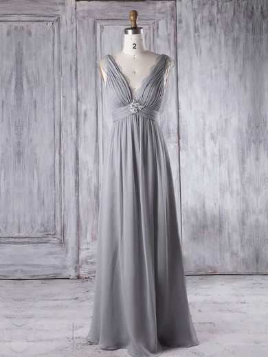 Empire V-neck Floor-length Lace Chiffon with Beading Bridesmaid Dresses #PDS01013343