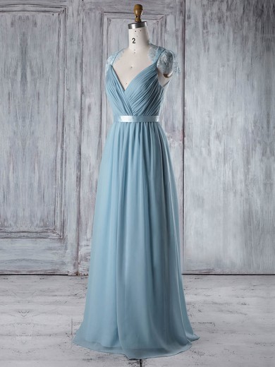 A-line V-neck Floor-length Lace Chiffon with Sashes / Ribbons Bridesmaid Dresses #PDS01013345