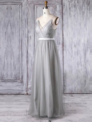A-line V-neck Floor-length Tulle with Sashes / Ribbons Bridesmaid Dresses #PDS01013347