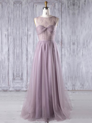 A-line Scoop Neck Floor-length Lace Tulle with Criss Cross Bridesmaid Dresses #PDS01013350