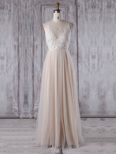 A-line V-neck Floor-length Tulle with Appliques Lace Bridesmaid Dresses #PDS01013351