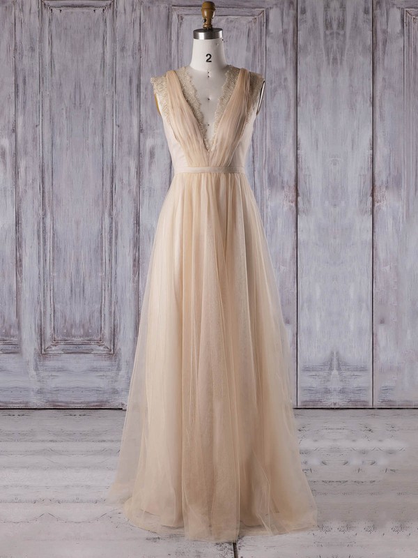 A-line V-neck Floor-length Lace Tulle with Sashes / Ribbons Bridesmaid Dresses #PDS01013353