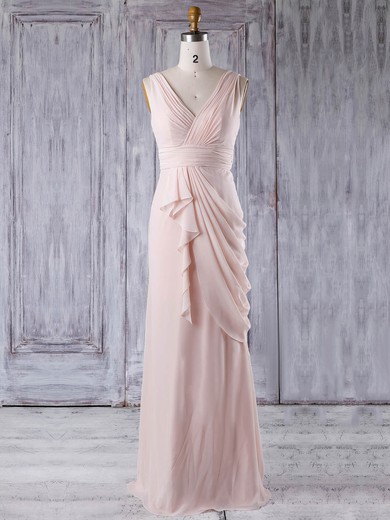 Sheath/Column V-neck Floor-length Chiffon with Ruffles Bridesmaid Dresses #PDS01013356