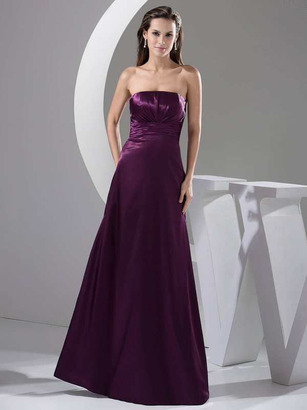 Elastic Woven Satin A-line Strapless Floor-length Ruched Bridesmaid Dresses #PDS02013052