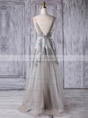A-line V-neck Floor-length Tulle with Pearl Detailing Bridesmaid Dresses #PDS01013361