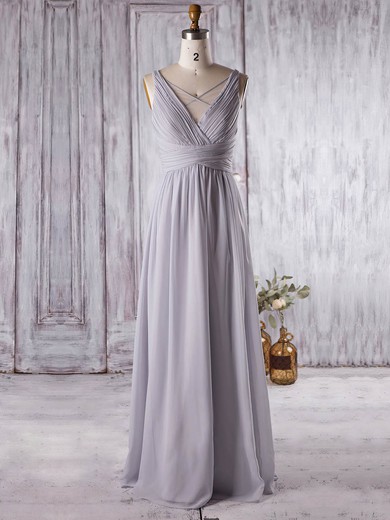 A-line V-neck Floor-length Chiffon with Ruffles Bridesmaid Dresses #PDS01013364