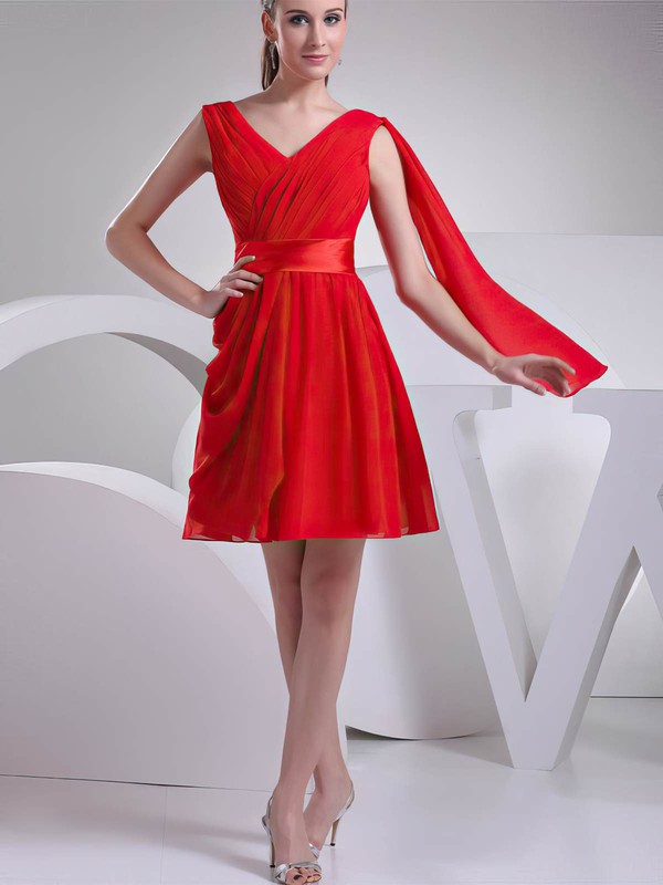 Chiffon A-line V-neck Short/Mini Ruffles Bridesmaid Dresses #PDS02041451