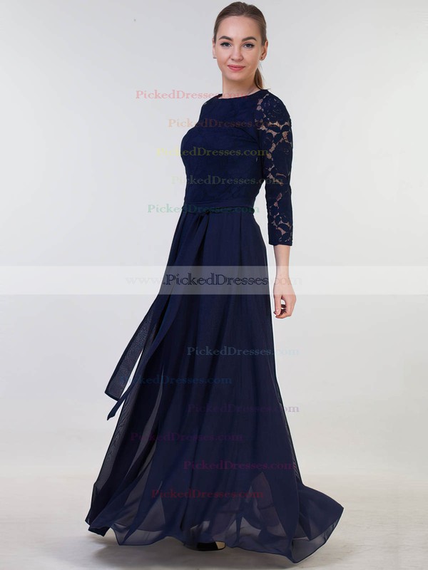 A-line Scoop Neck Floor-length Lace Chiffon with Sashes / Ribbons Bridesmaid Dresses #PDS01013381