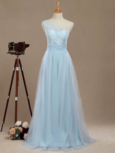 A-line One Shoulder Floor-length Tulle with Lace Bridesmaid Dresses #PDS01013390