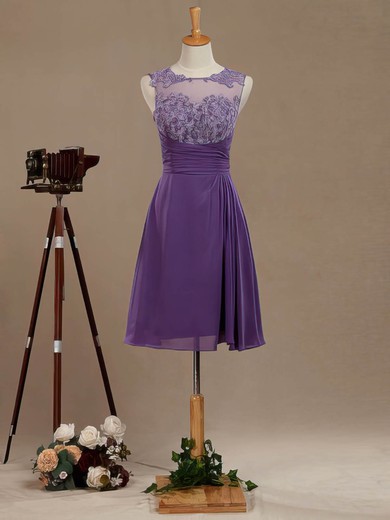 A-line Scoop Neck Short/Mini Tulle Chiffon with Appliques Lace Bridesmaid Dresses #PDS01013391