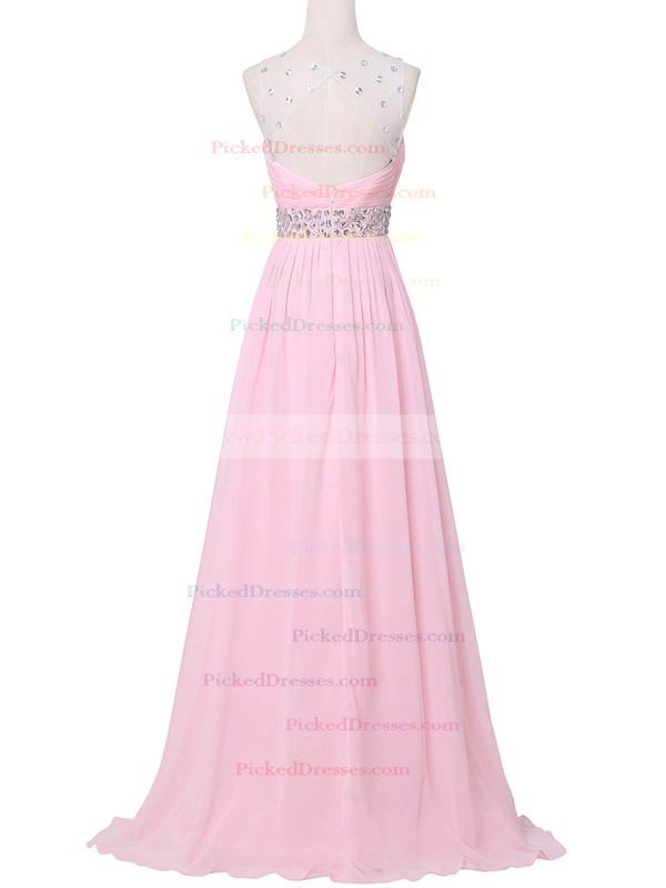 A-line Scoop Neck Sweep Train Tulle Chiffon with Crystal Detailing Bridesmaid Dresses #PDS01013394