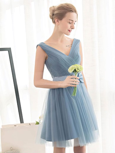 A-line V-neck Short/Mini Tulle with Sashes / Ribbons Bridesmaid Dresses #PDS01013399