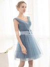 A-line V-neck Short/Mini Tulle with Sashes / Ribbons Bridesmaid Dresses #PDS01013399