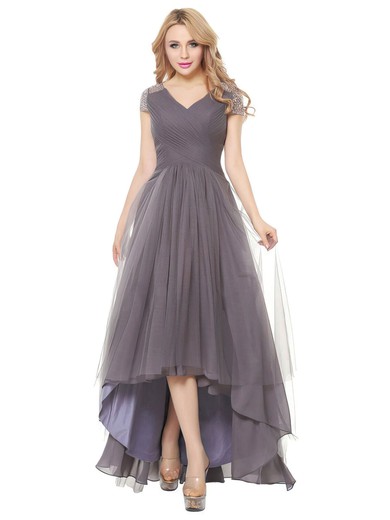 A-line V-neck Asymmetrical Tulle with Beading Bridesmaid Dresses #PDS01013401