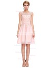A-line Scoop Neck Short/Mini Chiffon Tulle with Appliques Lace Bridesmaid Dresses #PDS01013404