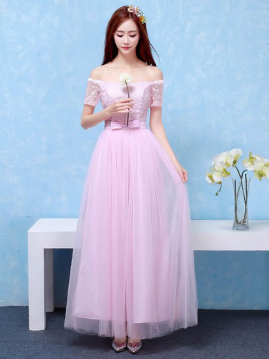 A-line Off-the-shoulder Ankle-length Lace Tulle with Sashes / Ribbons Bridesmaid Dresses #PDS01013406