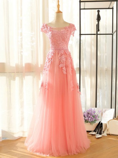 A-line Scoop Neck Floor-length Tulle with Appliques Lace Bridesmaid Dresses #PDS01013407