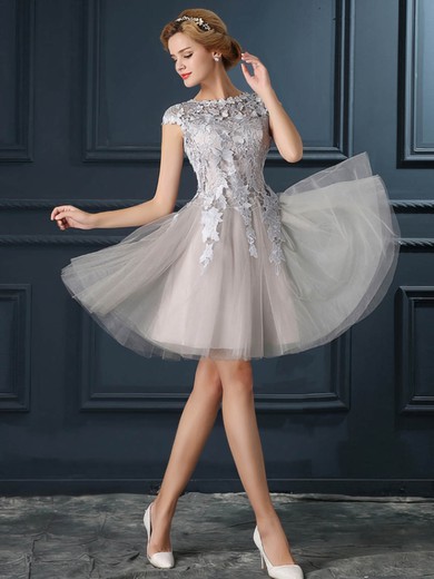 A-line Scoop Neck Short/Mini Tulle with Appliques Lace Bridesmaid Dresses #PDS01013413