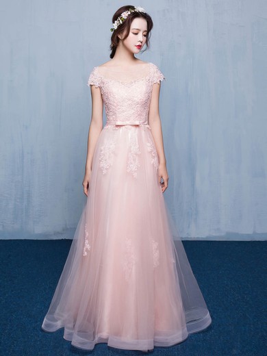 A-line Scoop Neck Floor-length Tulle with Appliques Lace Bridesmaid Dresses #PDS01013414