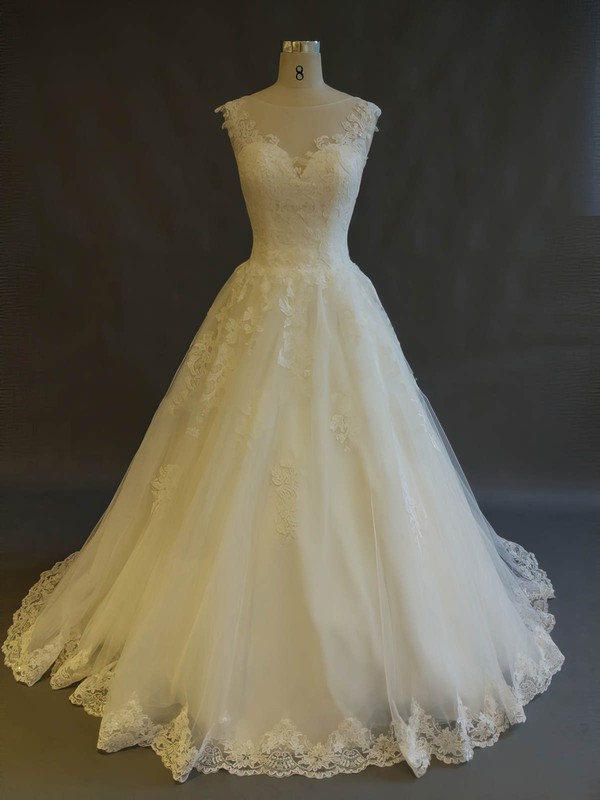 Ball Gown Scoop Neck Sweep Train Tulle with Appliques Lace Wedding Dresses #PDS00022899