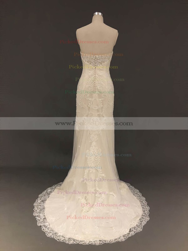 Trumpet/Mermaid Sweetheart Sweep Train Tulle with Appliques Lace Wedding Dresses #PDS00022900