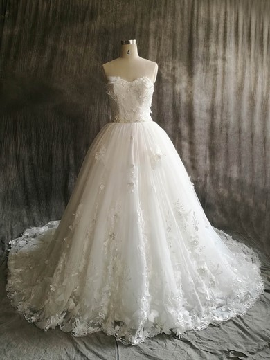 Ball Gown Sweetheart Court Train Tulle with Flower(s) Wedding Dresses #PDS00022912