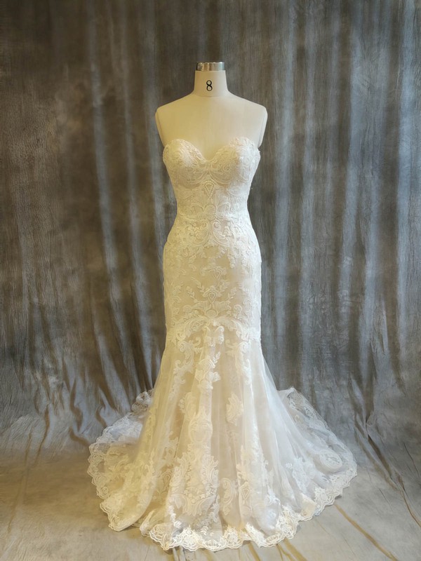 Trumpet/Mermaid Sweetheart Sweep Train Tulle with Appliques Lace Wedding Dresses #PDS00022915