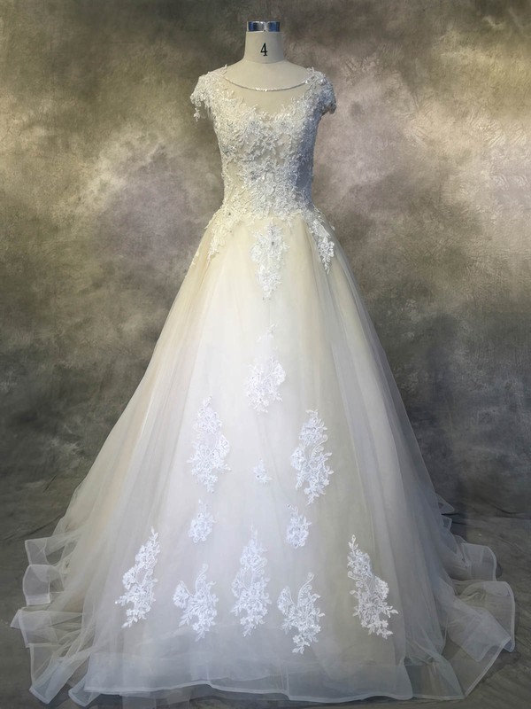 Ball Gown Scoop Neck Cathedral Train Tulle with Appliques Lace Wedding Dresses #PDS00022924