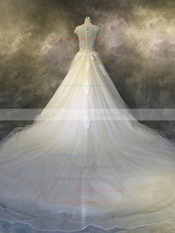 Ball Gown Scoop Neck Cathedral Train Tulle with Appliques Lace Wedding Dresses #PDS00022924