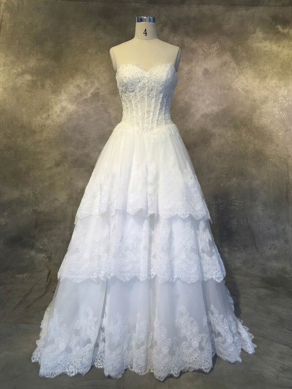 A-line Sweetheart Court Train Tulle with Appliques Lace Wedding Dresses #PDS00022927