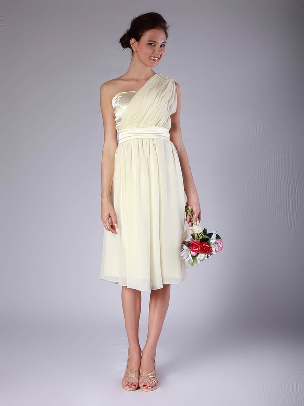 Chiffon Sheath/Column One Shoulder Knee-length Pleats Bridesmaid Dresses #PDS02013683