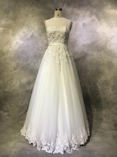 Princess Scoop Neck Floor-length Tulle with Sashes / Ribbons Wedding Dresses #PDS00022939