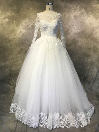 Ball Gown Scoop Neck Chapel Train Tulle with Sequins Wedding Dresses #PDS00022942