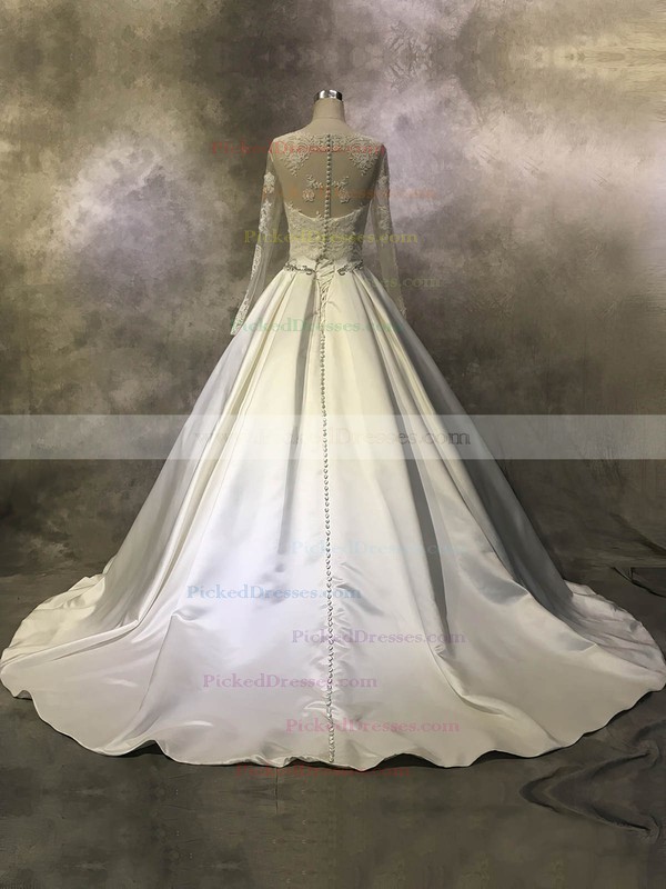 Ball Gown Scoop Neck Court Train Satin Tulle with Beading Wedding Dresses #PDS00022943