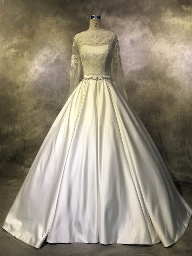 Ball Gown Scoop Neck Court Train Satin Tulle with Beading Wedding Dresses #PDS00022943