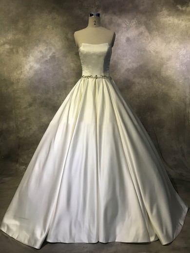 Ball Gown Strapless Court Train Satin with Buttons Wedding Dresses #PDS00022944