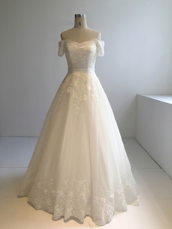 Ball Gown Off-the-shoulder Floor-length Tulle with Appliques Lace Wedding Dresses #PDS00022945
