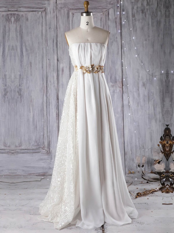 Empire Strapless Floor-length Lace Chiffon with Sashes / Ribbons Wedding Dresses #PDS00022961