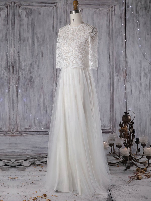 A-line Scoop Neck Sweep Train Lace Tulle with Pearl Detailing Wedding Dresses #PDS00022965