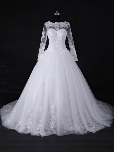 Ball Gown Scalloped Neck Court Train Tulle with Appliques Lace Wedding Dresses #PDS00022967