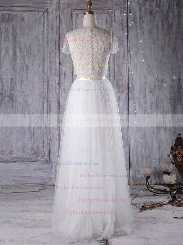 A-line Scoop Neck Floor-length Tulle with Sashes / Ribbons Wedding Dresses #PDS00022971