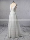 A-line V-neck Sweep Train Tulle with Sashes / Ribbons Wedding Dresses #PDS00022975