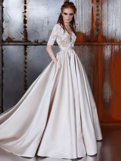 Ball Gown Scoop Neck Court Train Satin Tulle with Sashes / Ribbons Wedding Dresses #PDS00022977