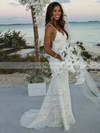 Trumpet/Mermaid V-neck Sweep Train Lace with Ruffles Wedding Dresses #PDS00022986