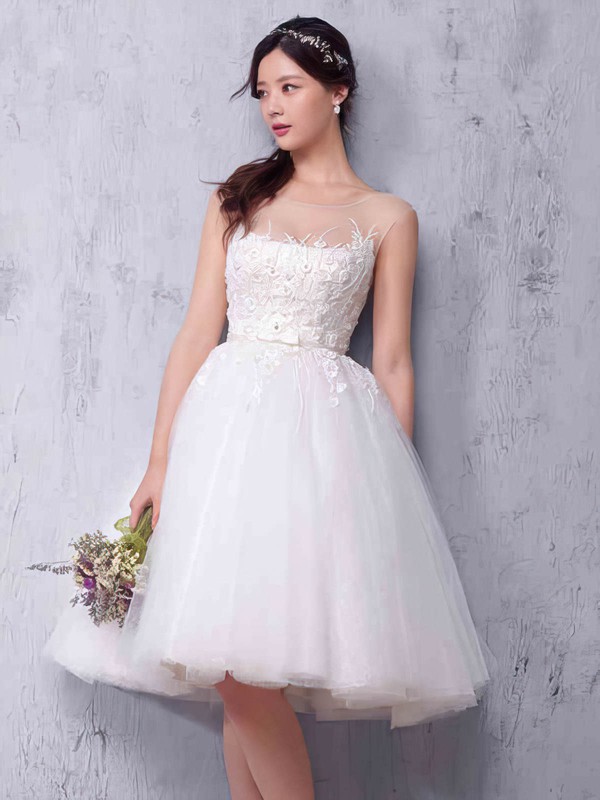 Princess Scoop Neck Knee-length Tulle with Sashes / Ribbons Wedding Dresses #PDS00022987