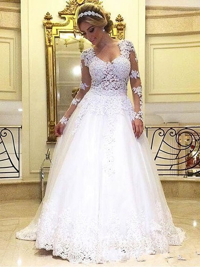 Princess Scoop Neck Sweep Train Tulle with Appliques Lace Wedding Dresses #PDS00022993