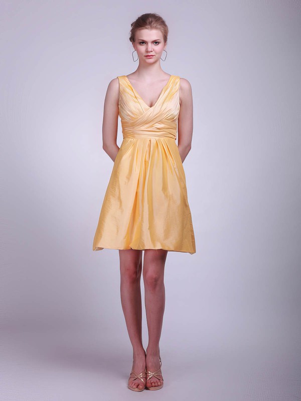 Taffeta A-line V-neck Short/Mini Ruffles Bridesmaid Dresses #PDS01012020