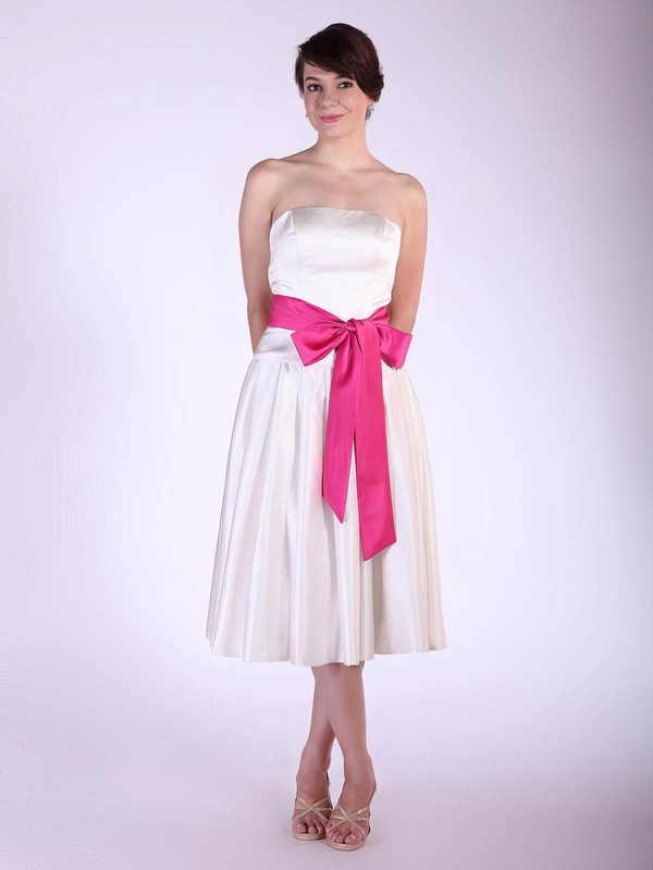 Satin A-line Strapless Tea-length Sashes/Ribbons Bridesmaid Dresses #PDS01012029