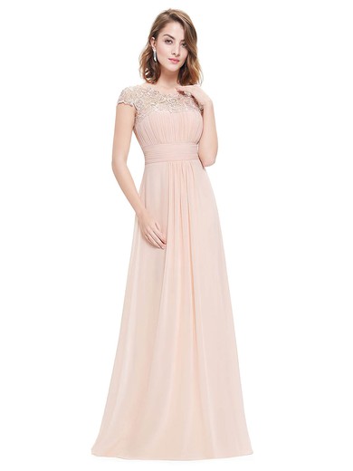 A-line Scoop Neck Floor-length Lace Chiffon with Pleats Bridesmaid Dresses #PDS01013437